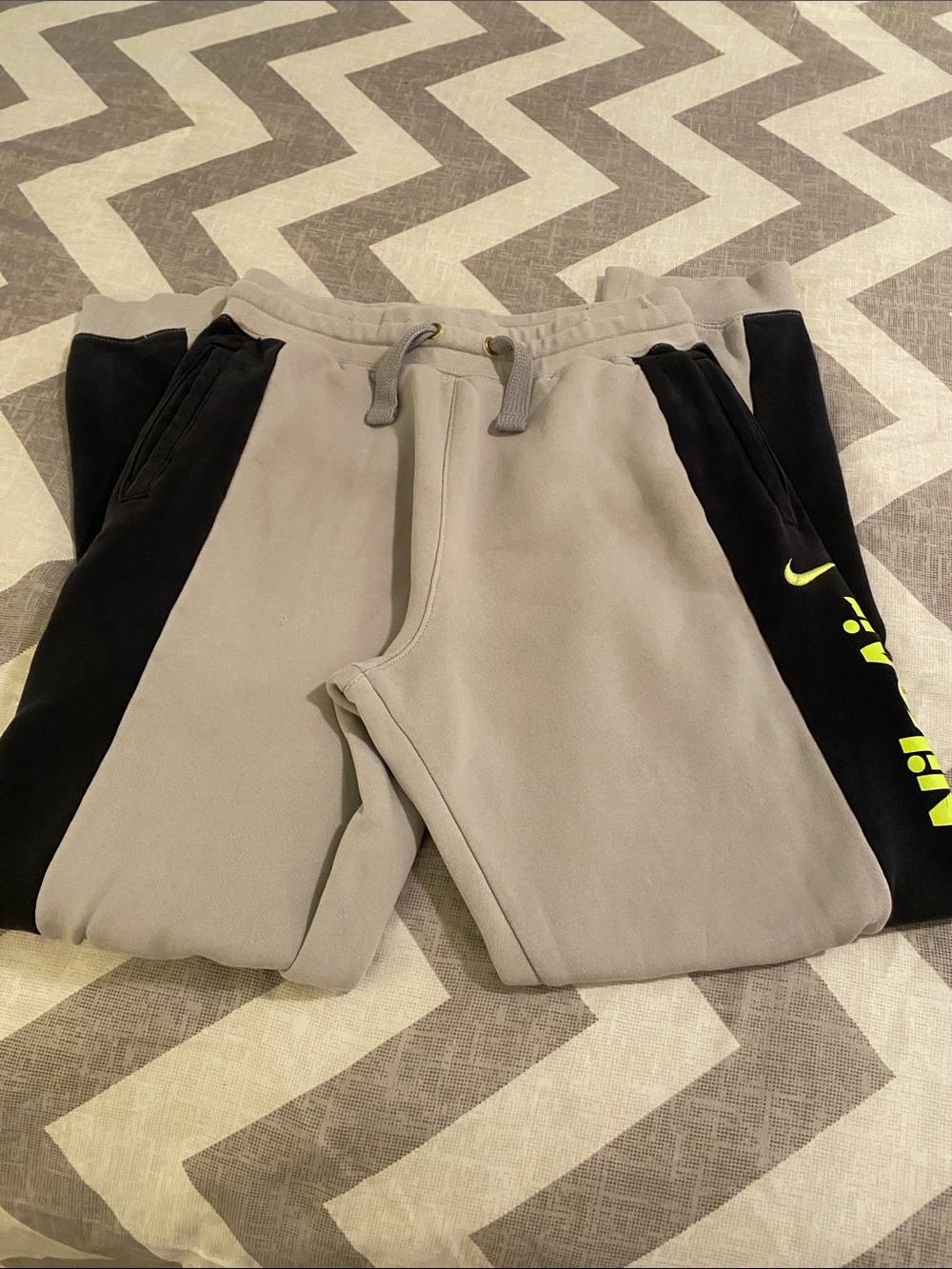 Nike Kids Gray and Black Jogger Sweatpants with Neon Yellow Logo